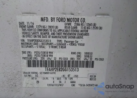 2016 Ford Taurus Sel из США, поврежденный, VIN 1FAHP2E82GG153513